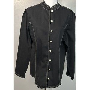 NWT Denim & Co Military Style Denim Coat Button Front Black Jean Jacket Sz L